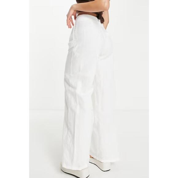 Olsen sz 8 Linen Pants White Wide Leg High Rise Carpenter Pockets Resort Beach - Picture 1 of 9